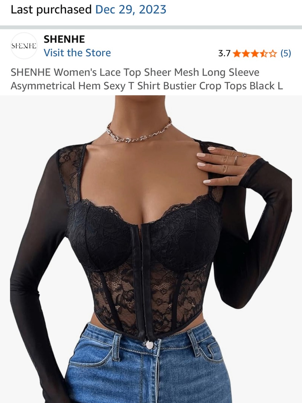 Amazon Black Lace Sheer Mesh Long Sleeve Bustier Bodysuit